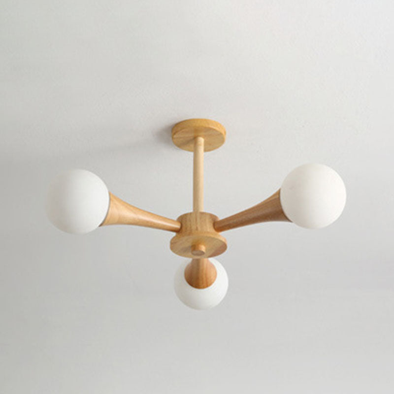 Modern Ceiling Lamp Simplicity Wooden Bedroom Chandelier with White Glass Shade