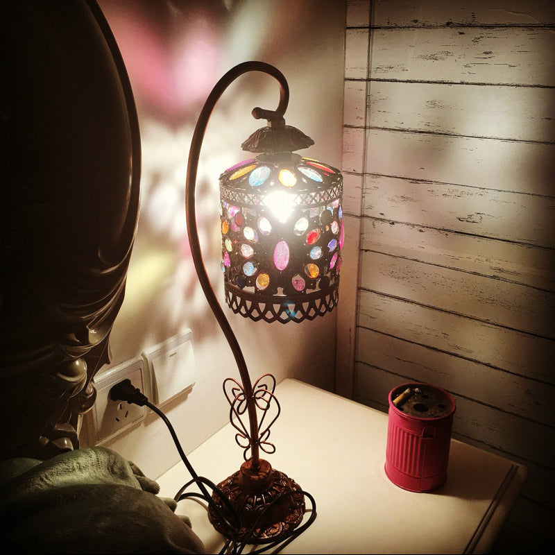 Lampada da comodino a cilindro in metallo bohémien con illuminazione notturna a 1 testa color ruggine per soggiorno