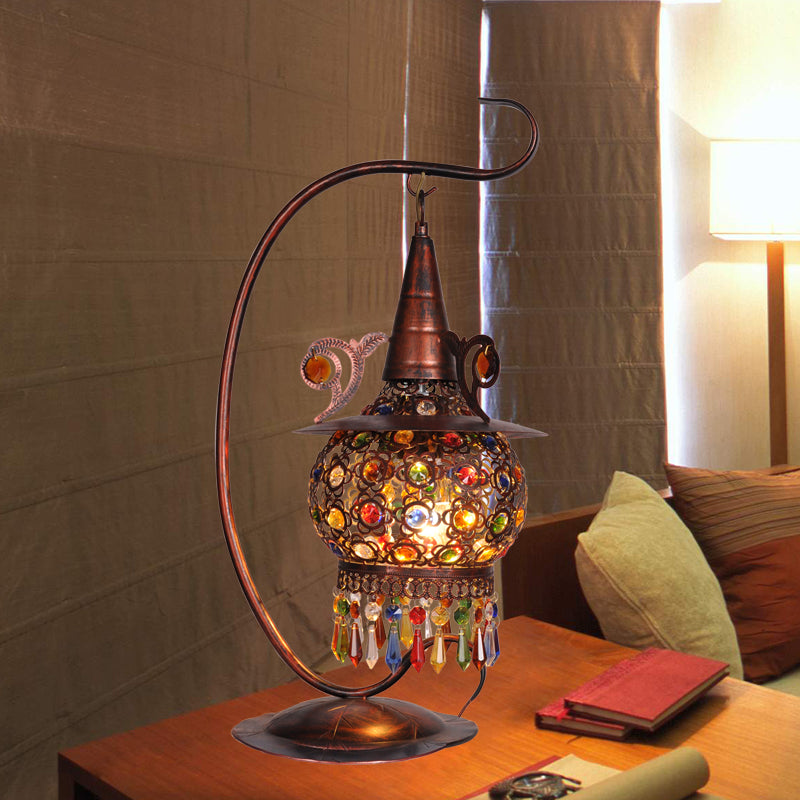 Rust Lantern Nightstand Light Bohemian Metal 1 Light Living Room Night Table Lighting with Curvy Arm