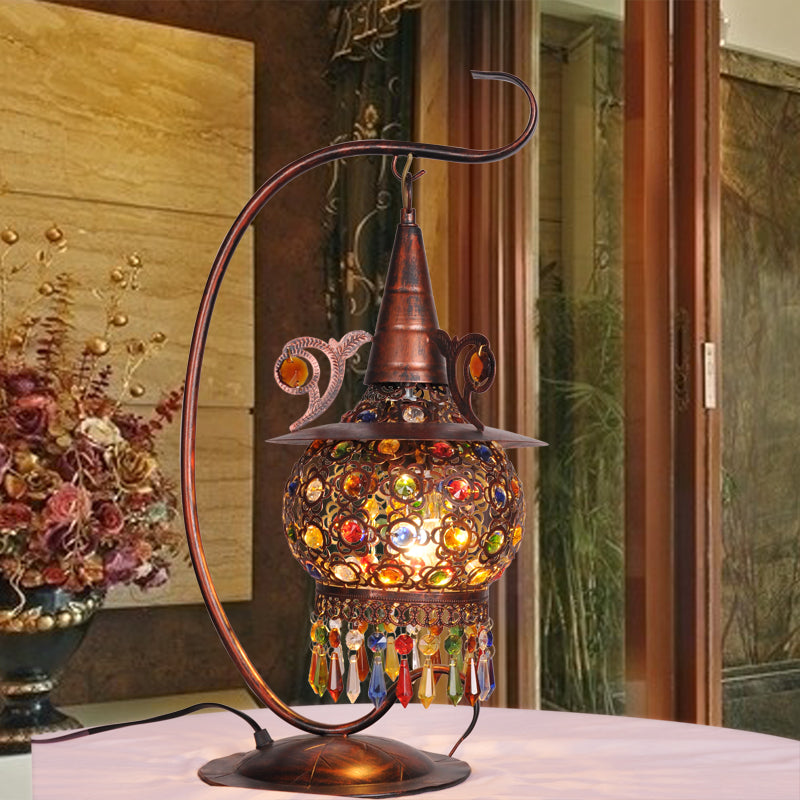 Rust Lantern Nightstand Light Bohemian Metal 1 Light Living Room Night Table Lighting with Curvy Arm