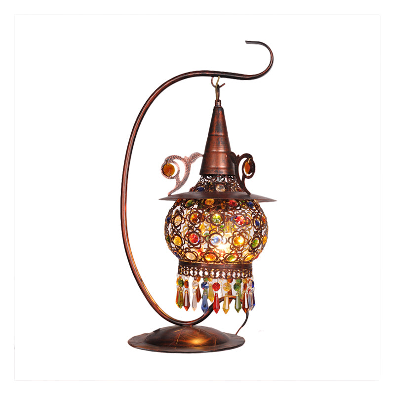Rust Lantern Nightstand Light Bohemian Metal 1 Light Living Room Night Table Lighting with Curvy Arm
