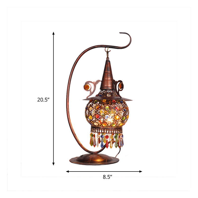 Rust Lantern Nightstand Light Bohemian Metal 1 Light Living Room Night Table Lighting with Curvy Arm