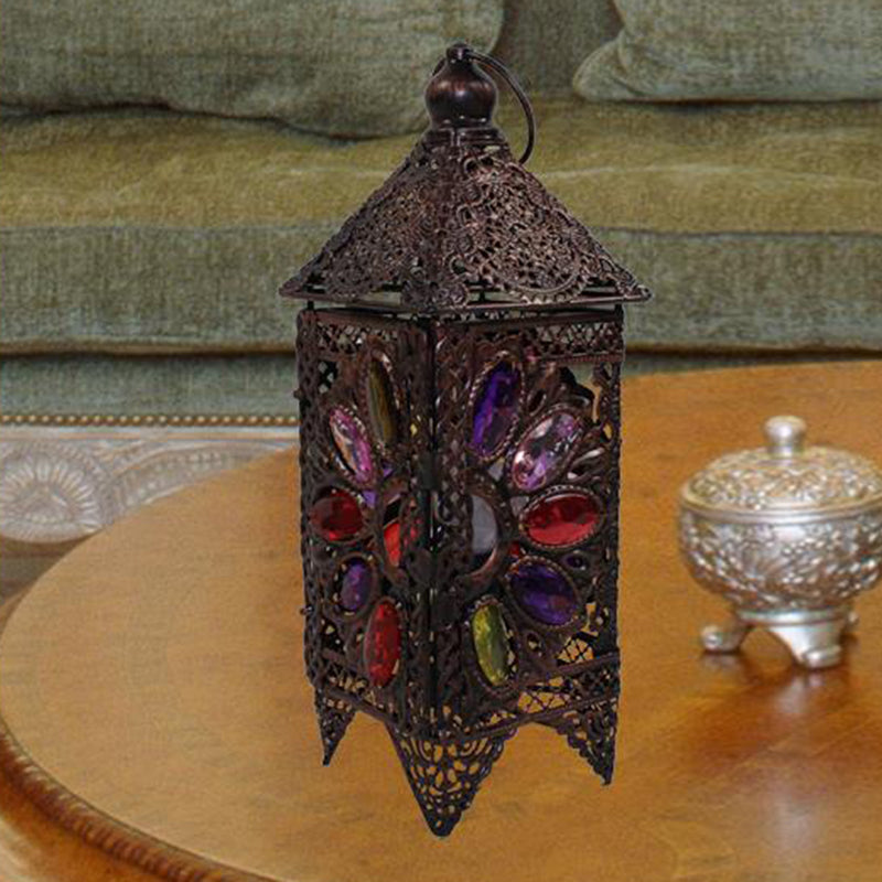 Lampada da comodino a lanterna bohémien con 1 lampadina, illuminazione da comodino in metallo in viola/rosso per soggiorno