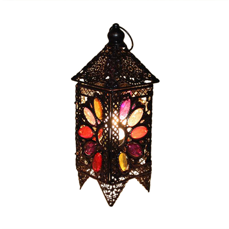 Lampada da comodino a lanterna bohémien con 1 lampadina, illuminazione da comodino in metallo in viola/rosso per soggiorno