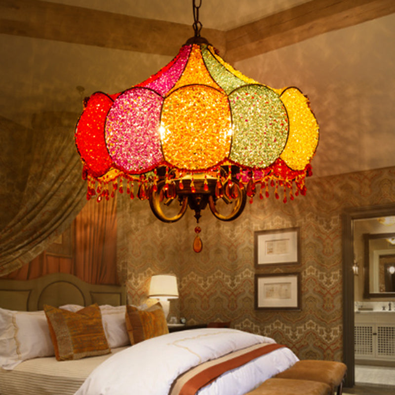Scalloped Restaurant Chandelier Lighting Bohemian Metal 4 Bulbs Pink/Yellow Pendant Light Fixture