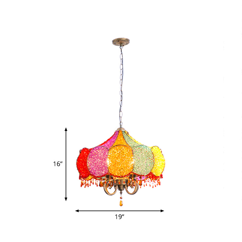 Scalloped Restaurant Chandelier Lighting Bohemian Metal 4 Bulbs Pink/Yellow Pendant Light Fixture