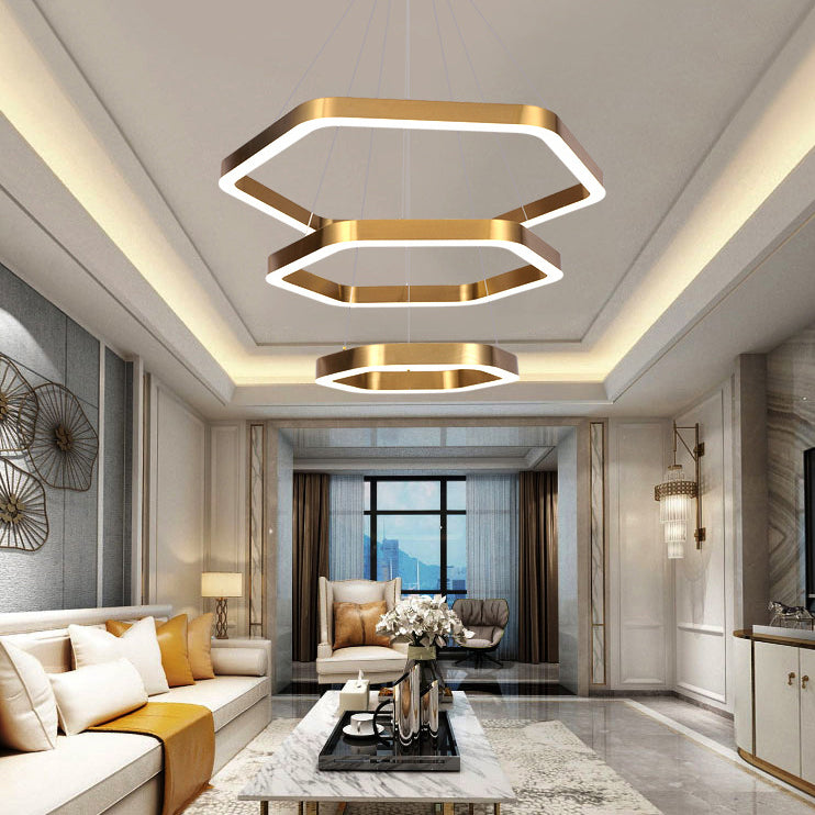 Modern Hexagon Chandelier Light Fixtures 3-Tier Hanging Pendant Lamps with White Acrylic Shade