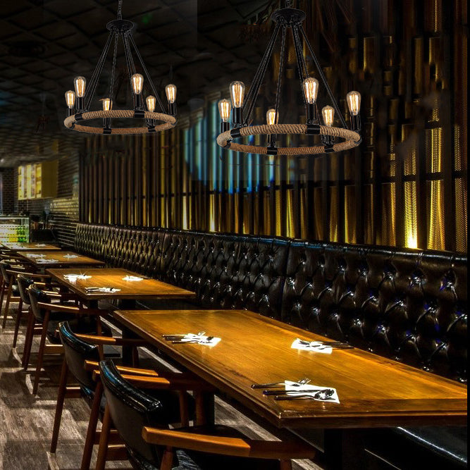 Lámpara de araña de araña negra industrial de araña de forma geométrica con cuerda natural