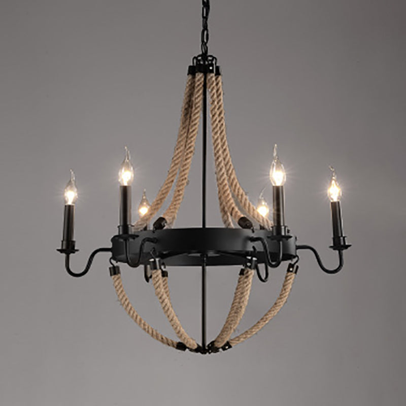 Lámpara de araña de araña negra industrial de araña de forma geométrica con cuerda natural