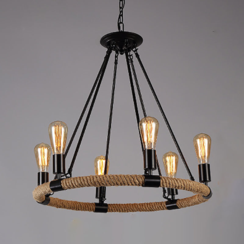 Lámpara de araña de araña negra industrial de araña de forma geométrica con cuerda natural