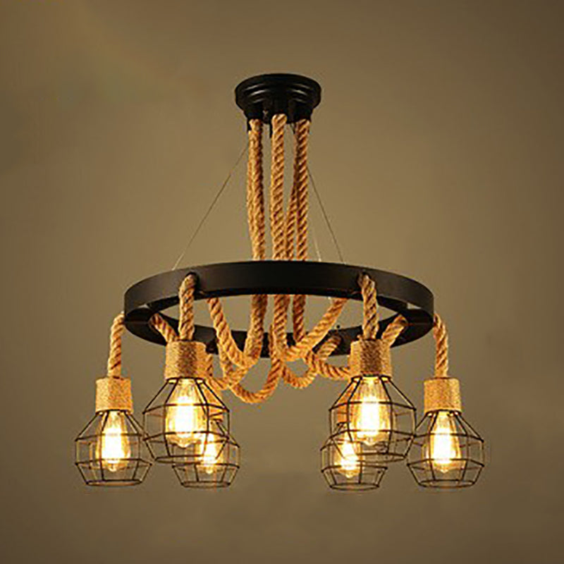Lámpara de araña de araña negra industrial de araña de forma geométrica con cuerda natural