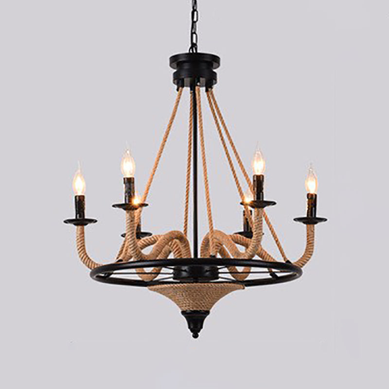 Lámpara de araña de araña negra industrial de araña de forma geométrica con cuerda natural