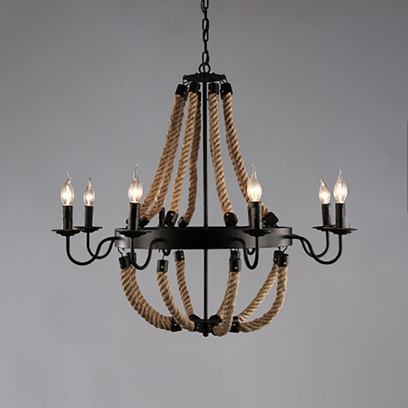 Lámpara de araña de araña negra industrial de araña de forma geométrica con cuerda natural