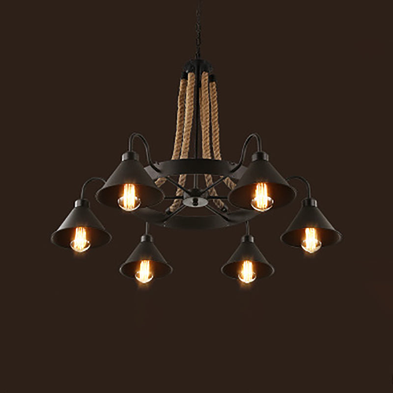 Lámpara de araña de araña negra industrial de araña de forma geométrica con cuerda natural