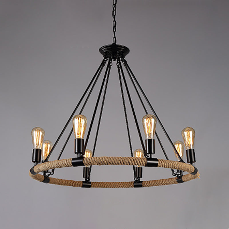 Lámpara de araña de araña negra industrial de araña de forma geométrica con cuerda natural
