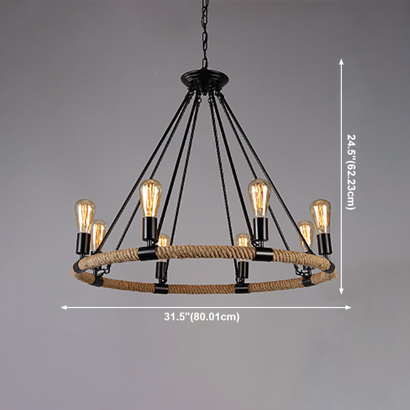 Lámpara de araña de araña negra industrial de araña de forma geométrica con cuerda natural