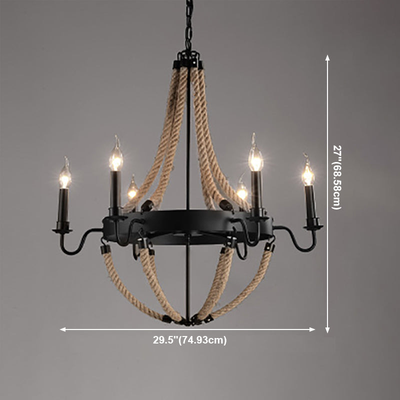 Lámpara de araña de araña negra industrial de araña de forma geométrica con cuerda natural