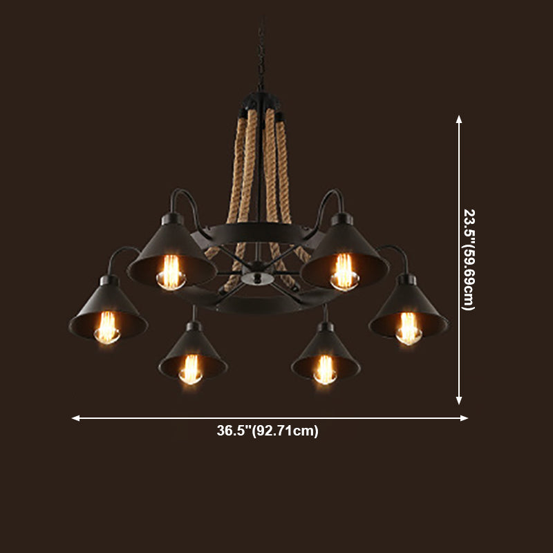Lámpara de araña de araña negra industrial de araña de forma geométrica con cuerda natural