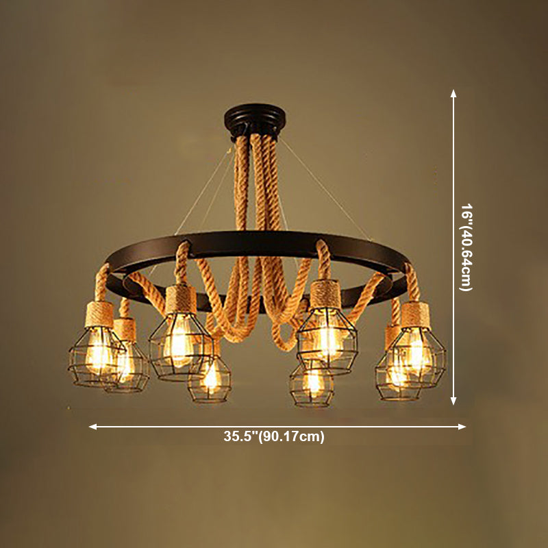 Lámpara de araña de araña negra industrial de araña de forma geométrica con cuerda natural