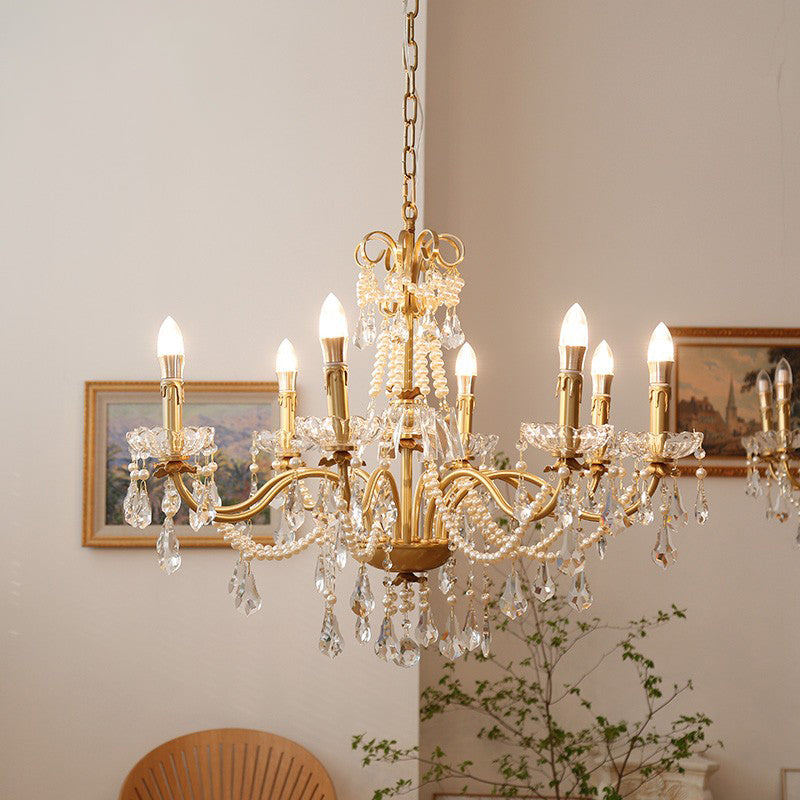 Candle Chandelier Light Fixtures American Style Multi-Head Hanging Pendant Lamps with Crystal Bead