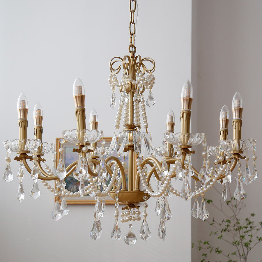 Candle Chandelier Light Fixtures American Style Multi-Head Hanging Pendant Lamps with Crystal Bead
