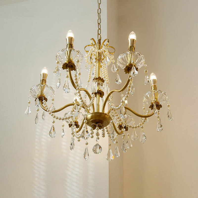Candle Chandelier Light Fixtures American Style Multi-Head Hanging Pendant Lamps with Crystal Bead