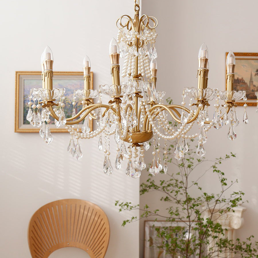 Candle Chandelier Light Fixtures American Style Multi-Head Hanging Pendant Lamps with Crystal Bead