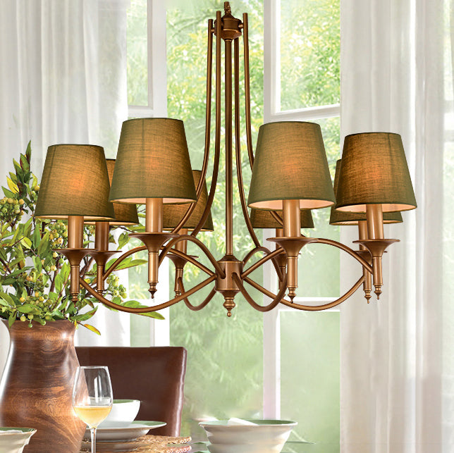 American Style Brass Chandelier Multi-Head Hanging Pendant Lights with Fabric Shade