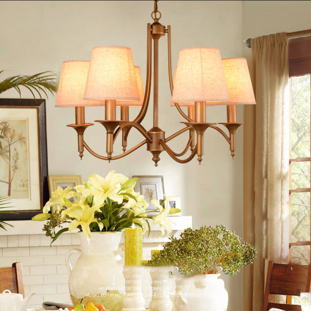 American Style Brass Chandelier Multi-Head Hanging Pendant Lights with Fabric Shade