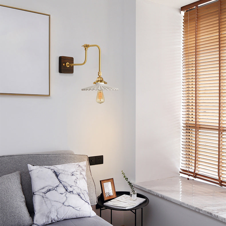 Modern Style Wooden Sconce Light Metallic Shade 1-Light Wall Lamp for Hotel