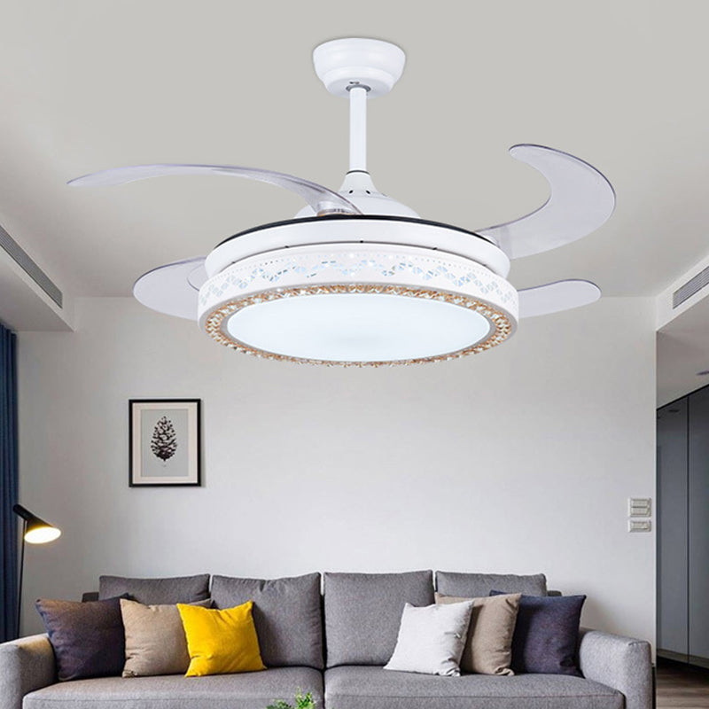 Ventilateur de suspension circulaire blanc moderniste acrylique 42 "W LED Salon Soump à chasse d'eau avec 4 lames, télécommande / mur / télécommande et contrôle mural