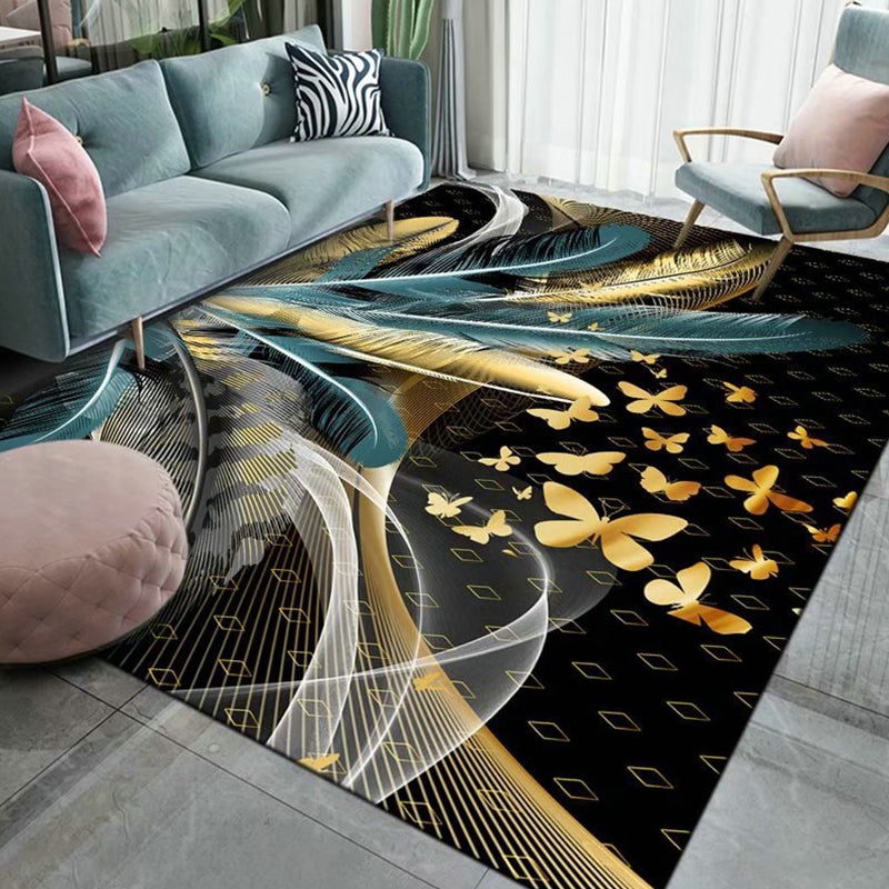 Gold Feather Rug Polyester Novelty Rug Stain Resistant Rug for Living Room