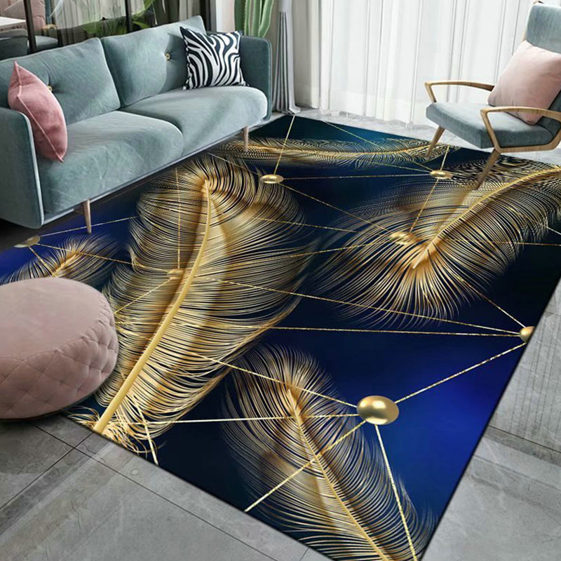 Gold Feather Rug Polyester Novelty Rug Stain Resistant Rug for Living Room