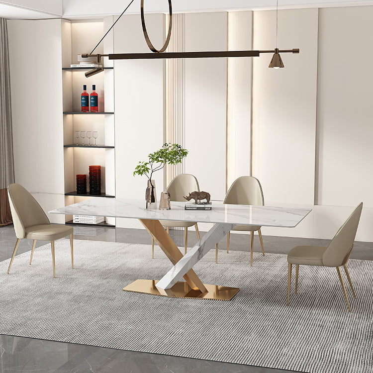 Glam White Sintered Stone Dining Table Rectangle Shape Standard Dining Table for Kitchen