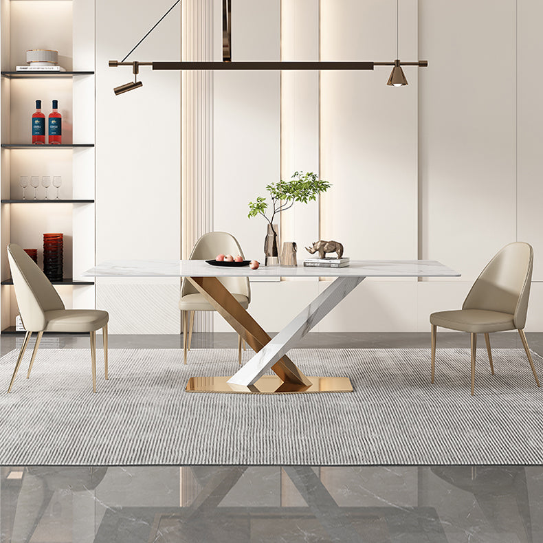 Glam White Sintered Stone Dining Table Rectangle Shape Standard Dining Table for Kitchen