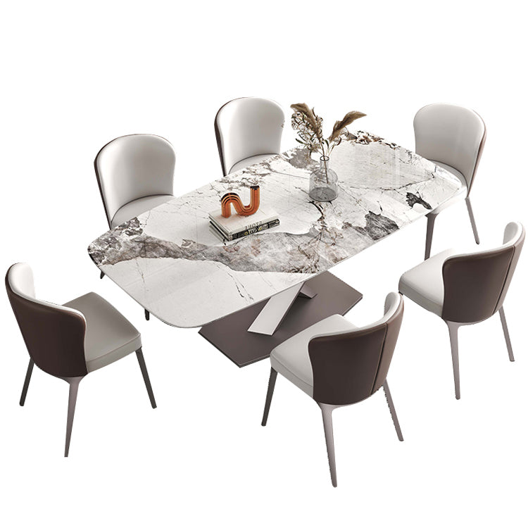 Rectangle White Tone Dining Table Sintered Stone Table Luxury with Pedestal