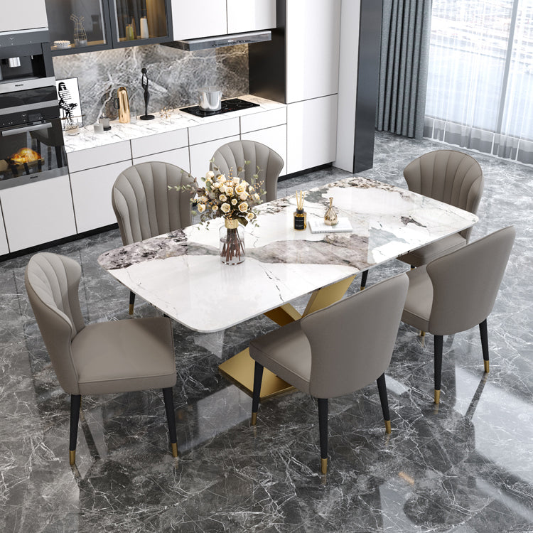 Rectangle Glam Dining Table White Tone Fixed Table with Sintered Stone