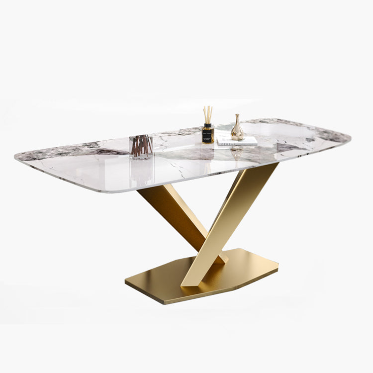 Rectangle Glam Dining Table White Tone Fixed Table with Sintered Stone