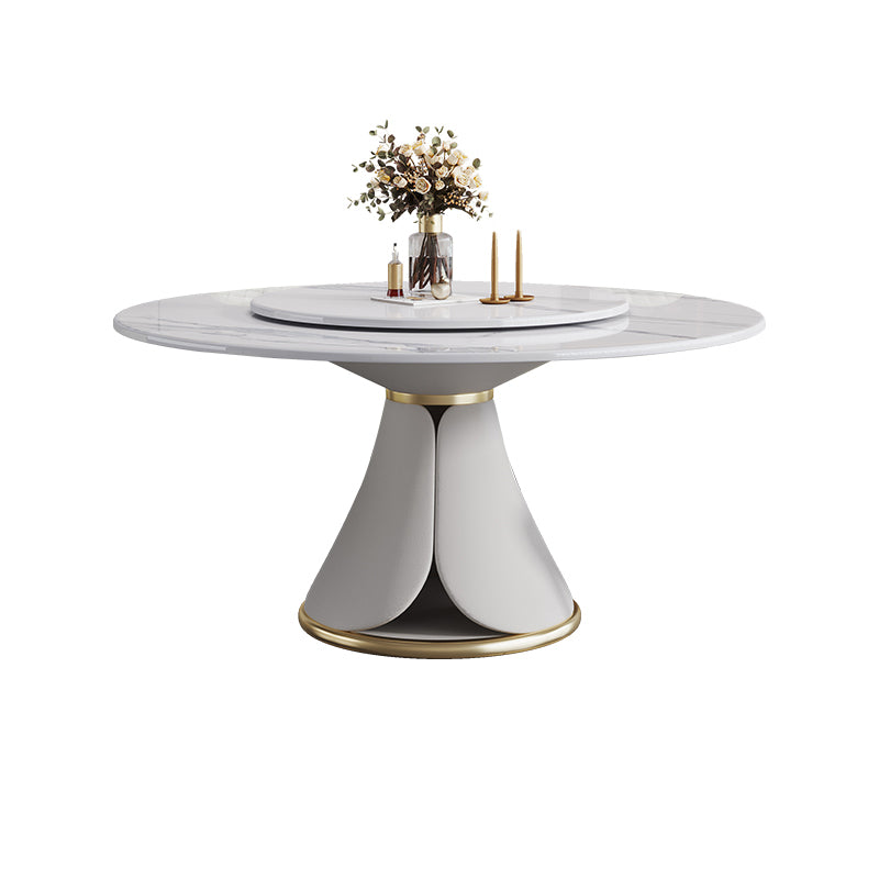 Traditional Luxury Dining Table White Round Sintered Stone Table with Pedestal Base