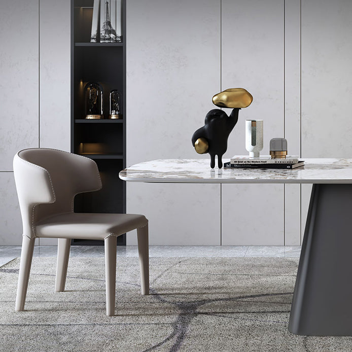 Mesa de comedor rectangular de lujo tradicional de metal, mesa superior de piedra sinterizada con base de pedestal
