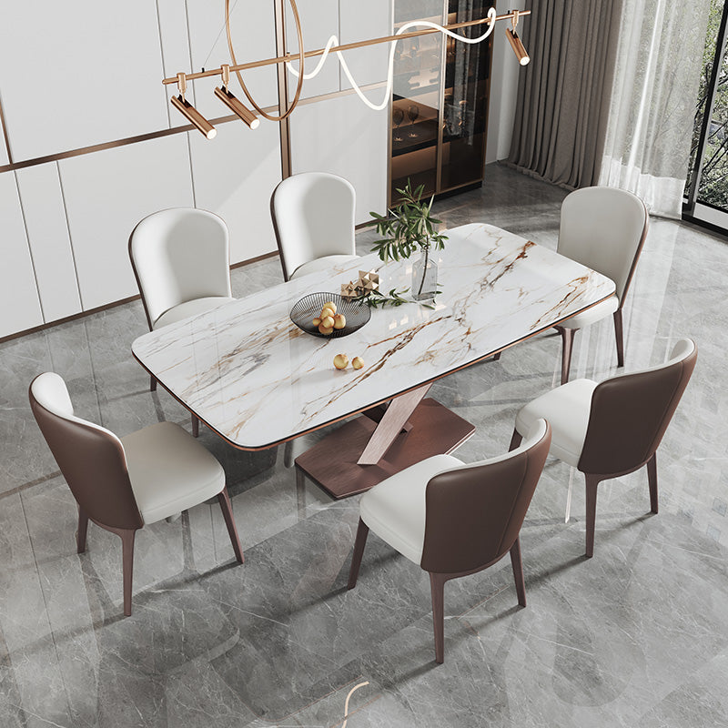 Mesa de comedor blanca de rectángulo glamoroso mesa de comedor de cocina de piedra sinterizada con base de pedestal