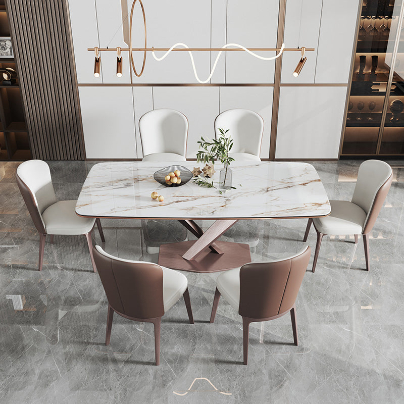 Mesa de comedor blanca de rectángulo glamoroso mesa de comedor de cocina de piedra sinterizada con base de pedestal