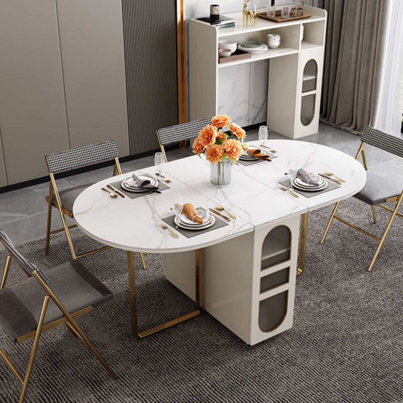 59''L Minimalist Folding Kitchen Dining Table Oval Dining Table with Pedestal Base