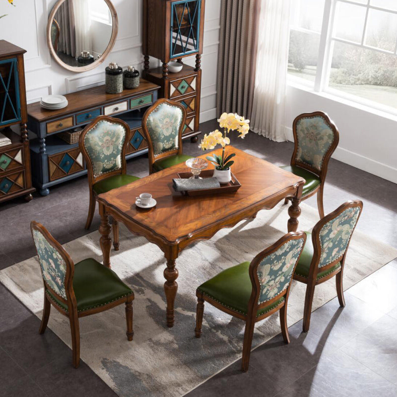 Mesa de comedor rectangular de color madera, mesa de madera maciza de caucho victoriana con 4 patas