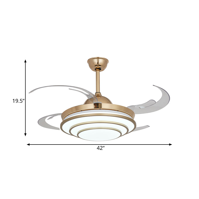 Luce alla ventola del cerchio minimalismo LED METALE 4 LAME CONDARE CHILDE SEMI FLUSH MONTO APPLICATORE IN GOLD per soggiorno, larghezza 42 "