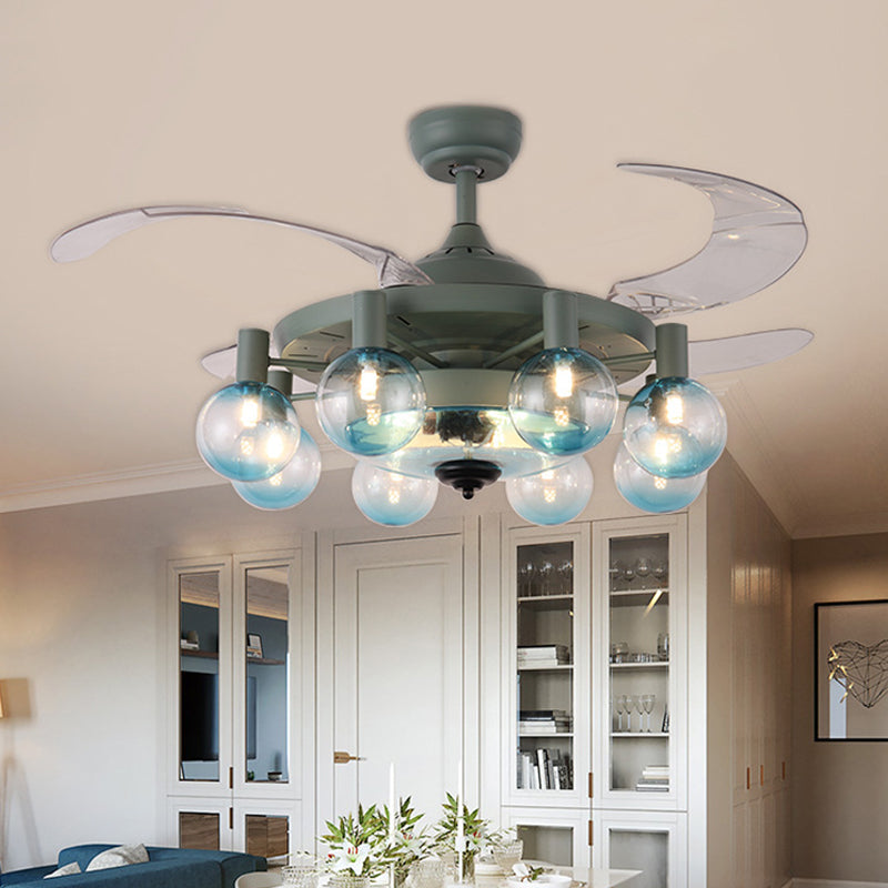 42 "W 8-Licht-Lächerlampe Einfachheit Schlafzimmer 4 Blätter halb Flush-Leuchte mit Globe Clear Glass Shade in dunkelgrün, Fernbedienung/Fernbedienung und Wandsteuerung/Frequenzumwandlung und Fernbedienung