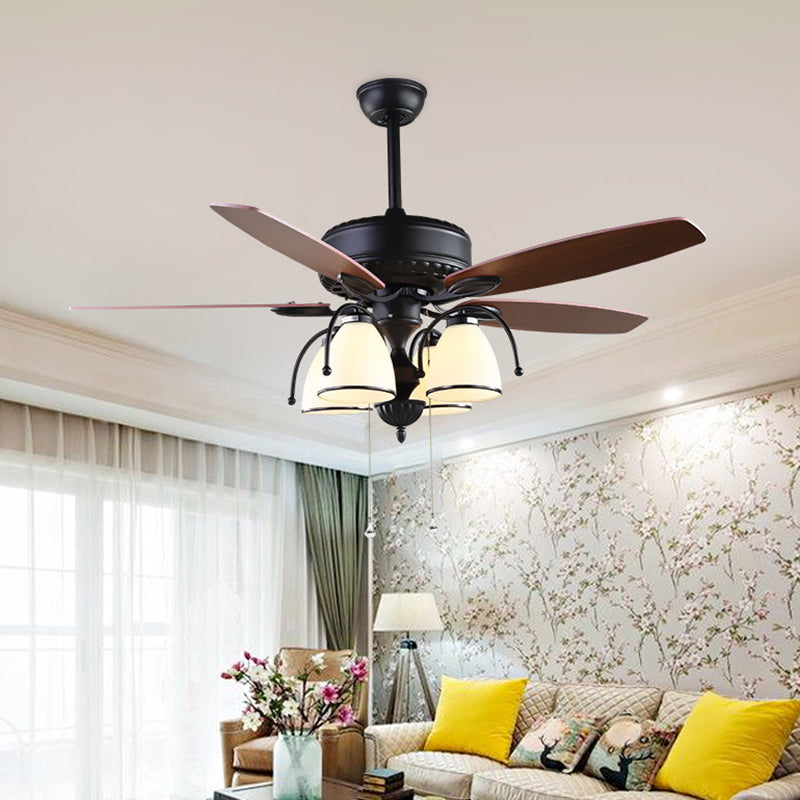52" W 4 Lights Cup Shape Hanging Fan Light Traditional Black Cream Glass Up/Down Semi Flush Lamp with 5 Brown Blades, General/Frequency Conversion