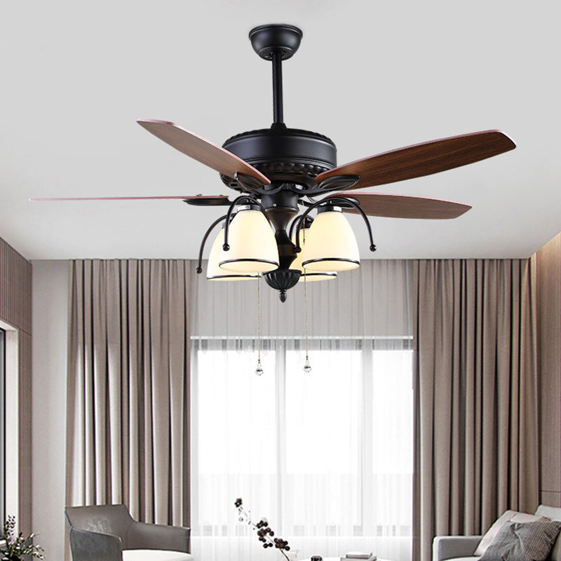 52" W 4 Lights Cup Shape Hanging Fan Light Traditional Black Cream Glass Up/Down Semi Flush Lamp with 5 Brown Blades, General/Frequency Conversion