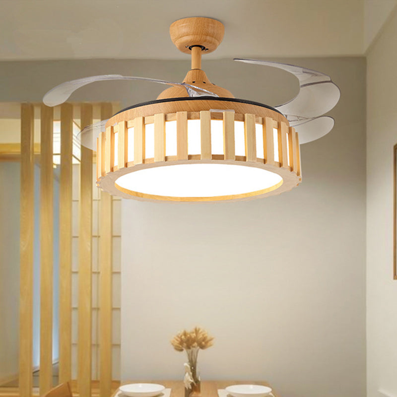 Beige 42 "W LED Semi Flush Deckenlampe Moderne Holztrommelrahmen 3 klare Klingen hängen Anhängerlüfter Licht mit Wand/Fernbedienung