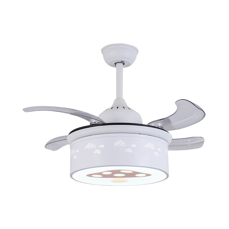 Drum 4 Blades Ceiling Fan Light Kids Metal Living Room 36.5" Wide LED Semi Flush Lamp in White with Mushroom Pattern, Wall/Remote Control